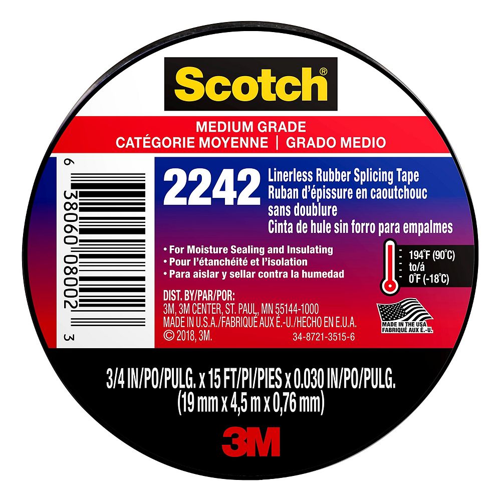 Scotch 2242 Electrical Splicing Tape 6165BA10, 3/4 in x 15 ft x 0.030