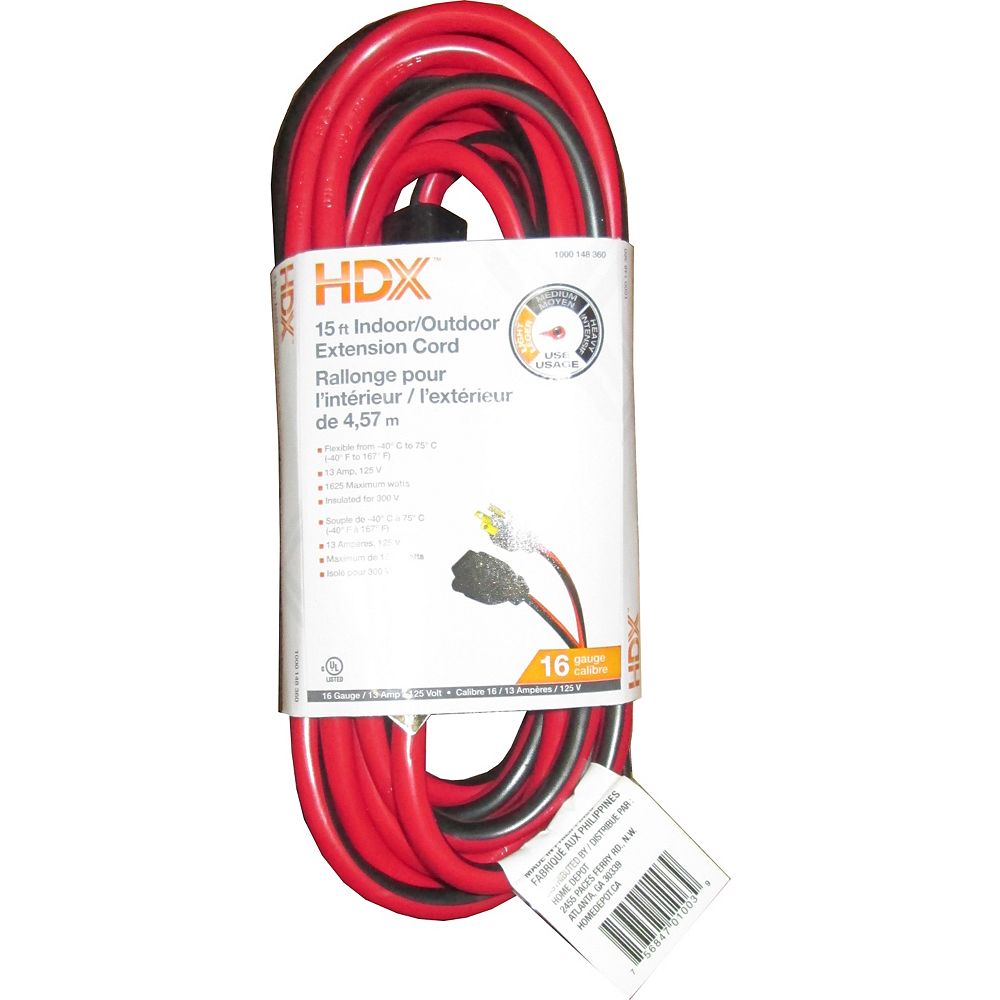 HDX 15 ft. 16/3 Indoor/Outdoor Grounded Extension Cord The Home Depot Canada