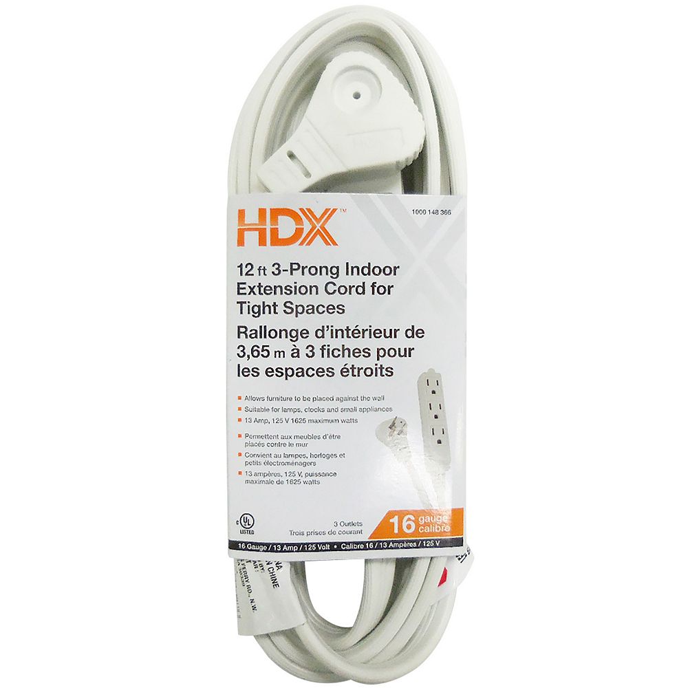 HDX 12 ft. 3Prong Indoor Extension Cord for Tight Spaces in White