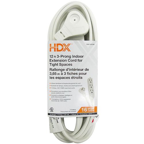 12 ft. 3-Prong Indoor Extension Cord for Tight Spaces in White