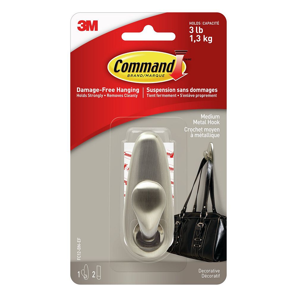 Command Medium Brushed Nickel Classic Metal Hook & Strips (1 Hook / 2