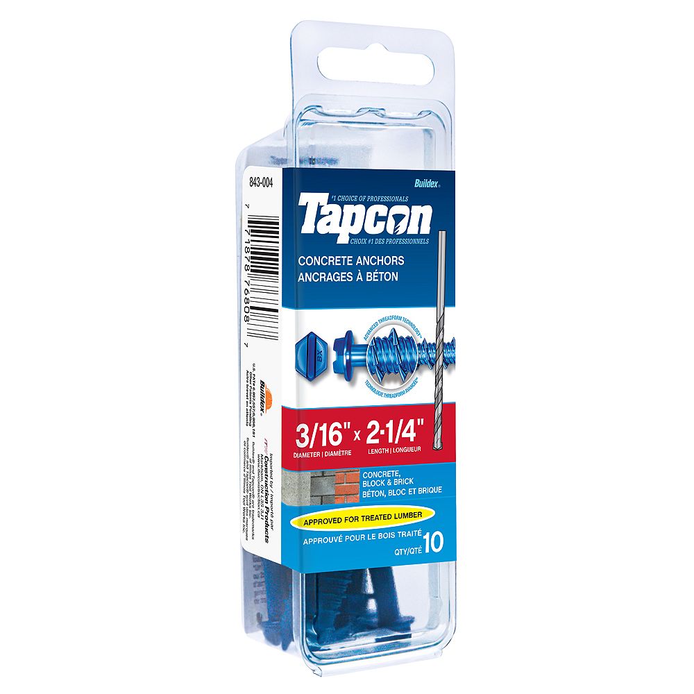 Tapcon 3/16inch x 21/4inch Slotted Hex Head Concrete Screw With Bit 10 Pack The Home