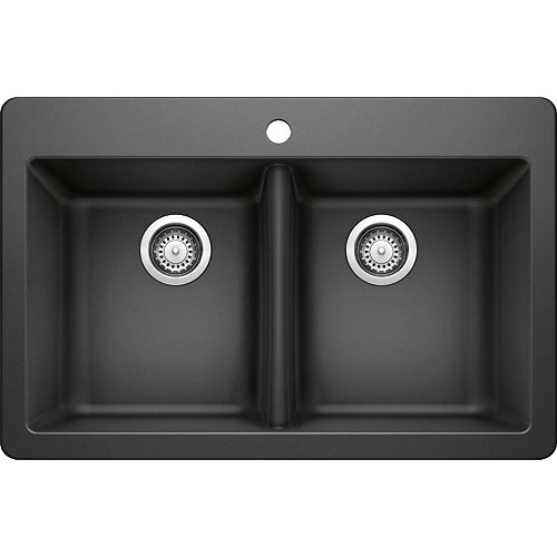 Dual Mount Drop-In Sink Granite 31.5-inch L Rear-Positioned Faucet Holes Double Bowl Sink in Black