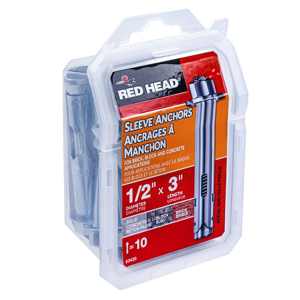Red Head 1/2inch x 3inch Steel Hex Head Sleeve Anchors with Zinc Plated Finish 10 Pack The