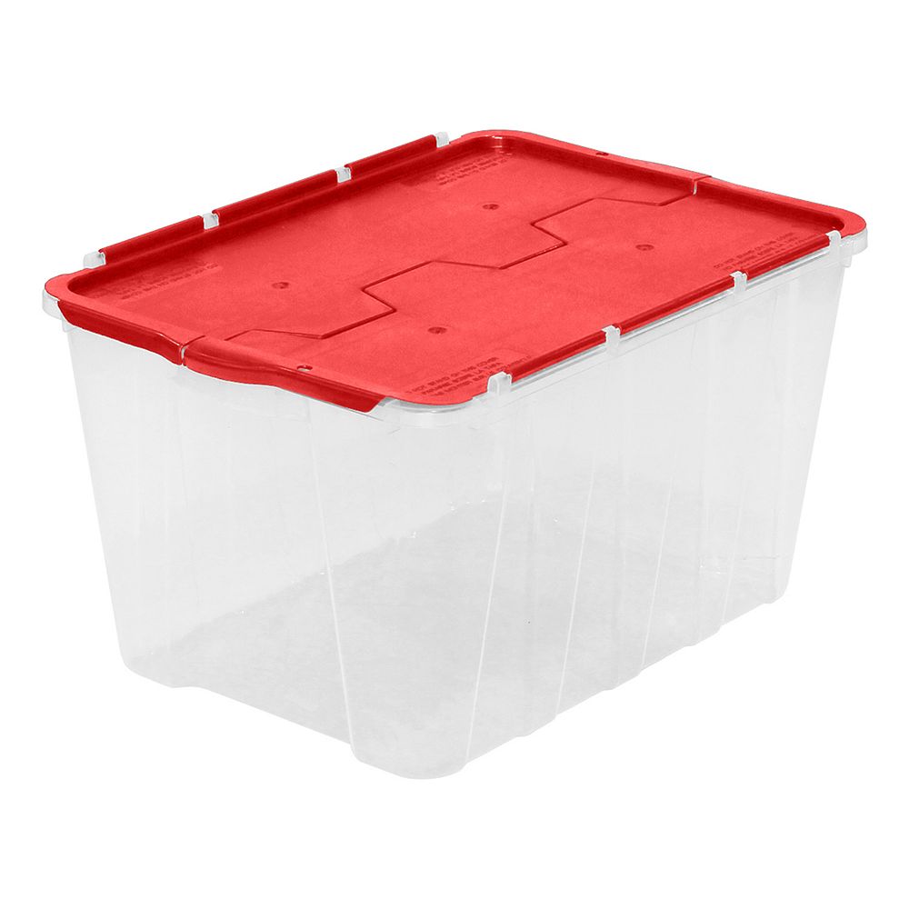 HDX 49L Flip-Top Storage Tote in Clear with Red Lid | The Home Depot Canada