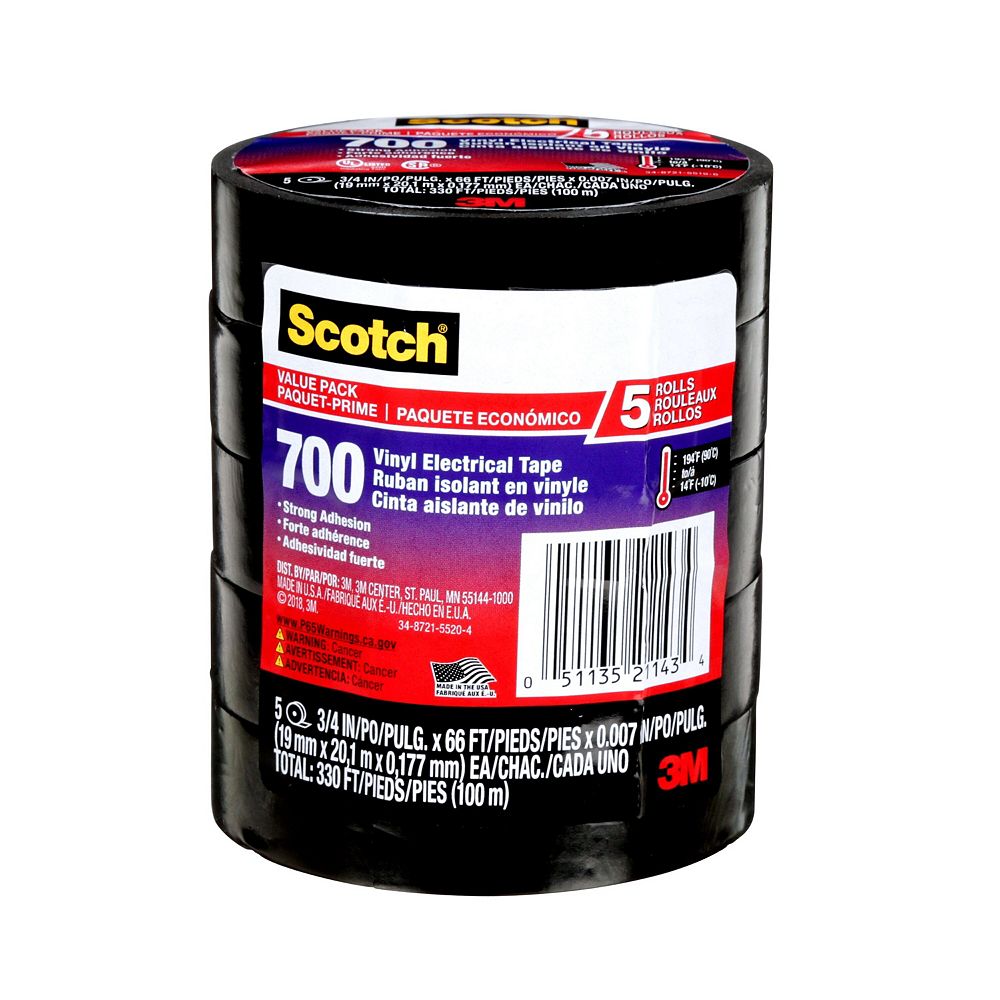 Scotch Vinyl Electrical Tape, 24413BA6, black, 5/pack, 0.75 in x 22