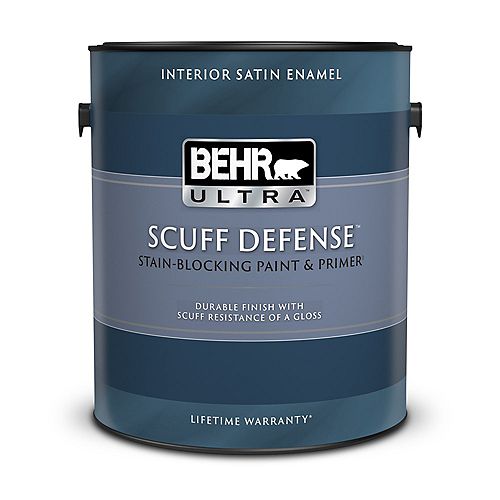 SCUFF DEFENSE Interior Satin Enamel Paint & Primer in Ultra Pure White, 3.79 L