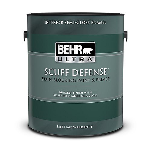 SCUFF DEFENSE Interior Semi-Gloss Enamel Paint & Primer in Ultra Pure White, 3.79 L