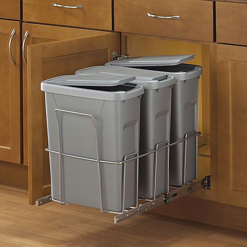 18-inch H x 14-inch W x 23-inch D Steel In-Cabinet 18.9 L Triple Pull Out Trash Can in Platinum