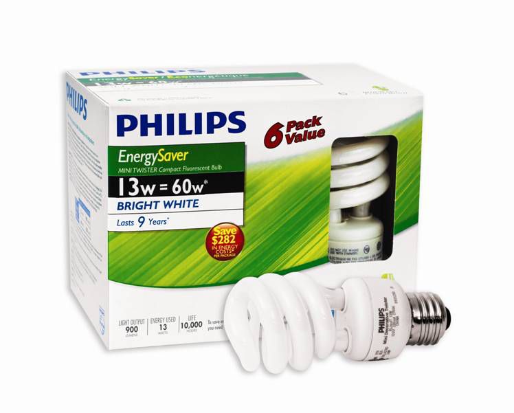 Philips 13W = 60W Bright White (5000K) Mini Twister CFL Light Bulb (6 ...