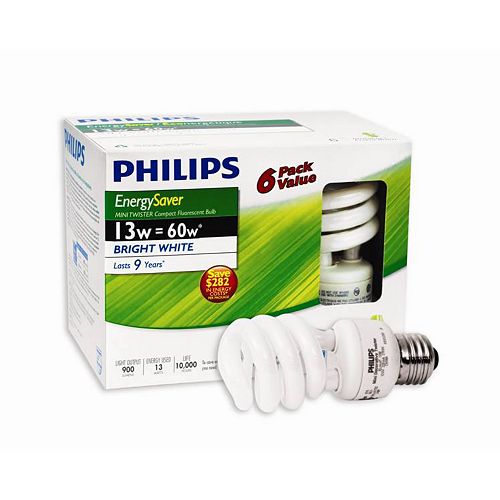 13W = 60W Bright White (5000K) Mini Twister CFL Light Bulb (6-Pack)