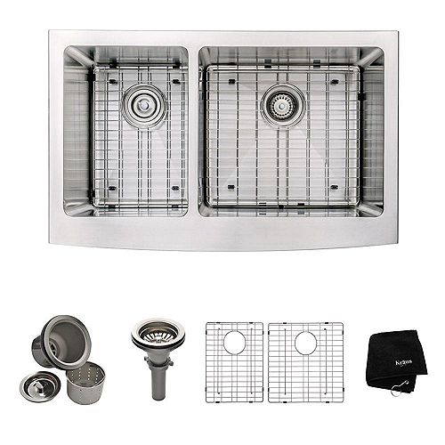 Farmhouse Apron Front Stainless Steel 33-inch Double Bowl Kitchen Sink Kit in Stainless Steel