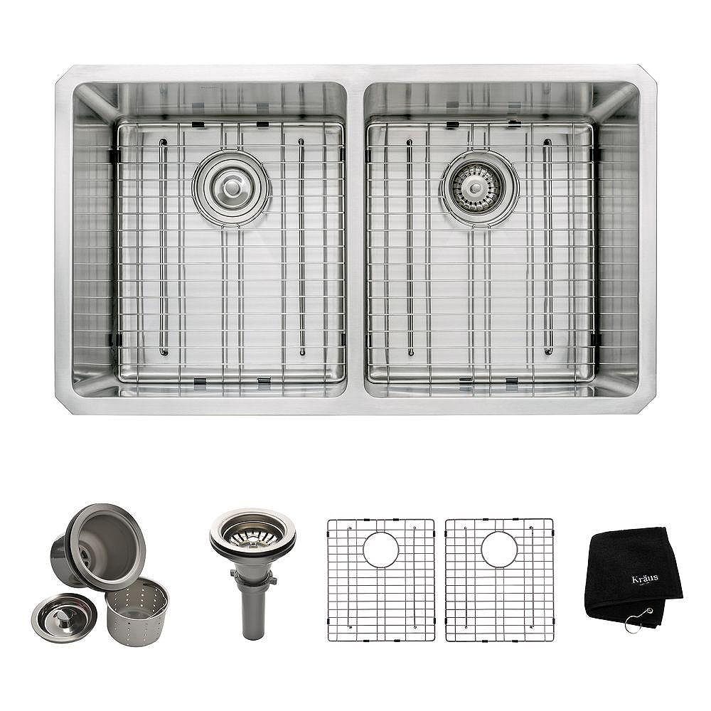 Kraus Undermount Stainless Steel 33 Inch 50 50 Double Bowl Kitchen Sink Kit The Home Depot Canada