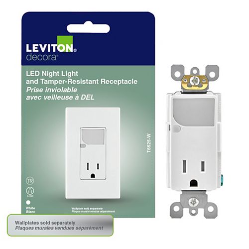 Leviton Decora Tamper Resistant Receptacle w/LED Guide Light, White