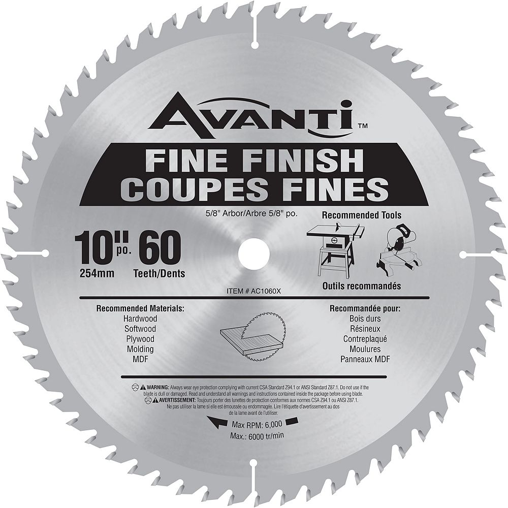 Avanti 10inch x 60 Tooth Carbide Tipped Fine Finish Mitre/Table Saw