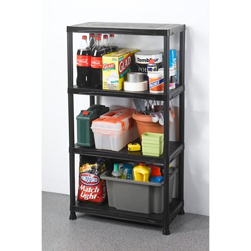 HDX 4-Shelf 15-inch D x 28-inch W x 52-inch H Black Plastic Storage Shelving Unit