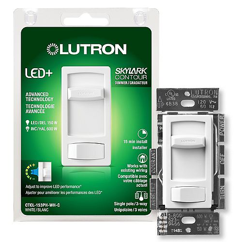 Skylark Contour LED+ Dimmer Switch for Dimmable LED/Hal/Incand Bulbs, Single-Pole / 3-Way, White