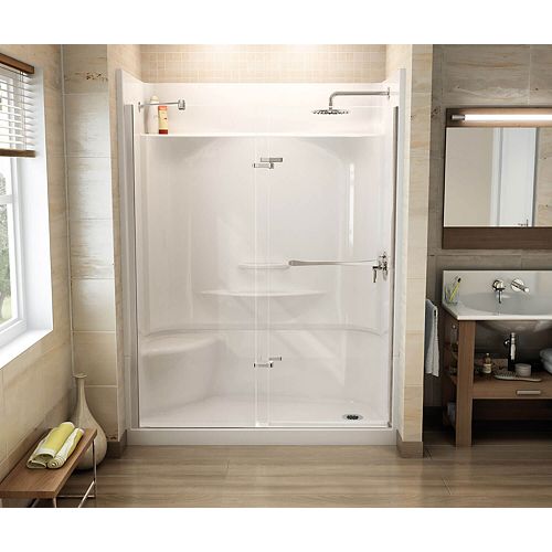 Reveal 56 - 59W x 71H Frameless Pivot Tub Door in Chrome with Clear Glass, Built-in Towel Bars