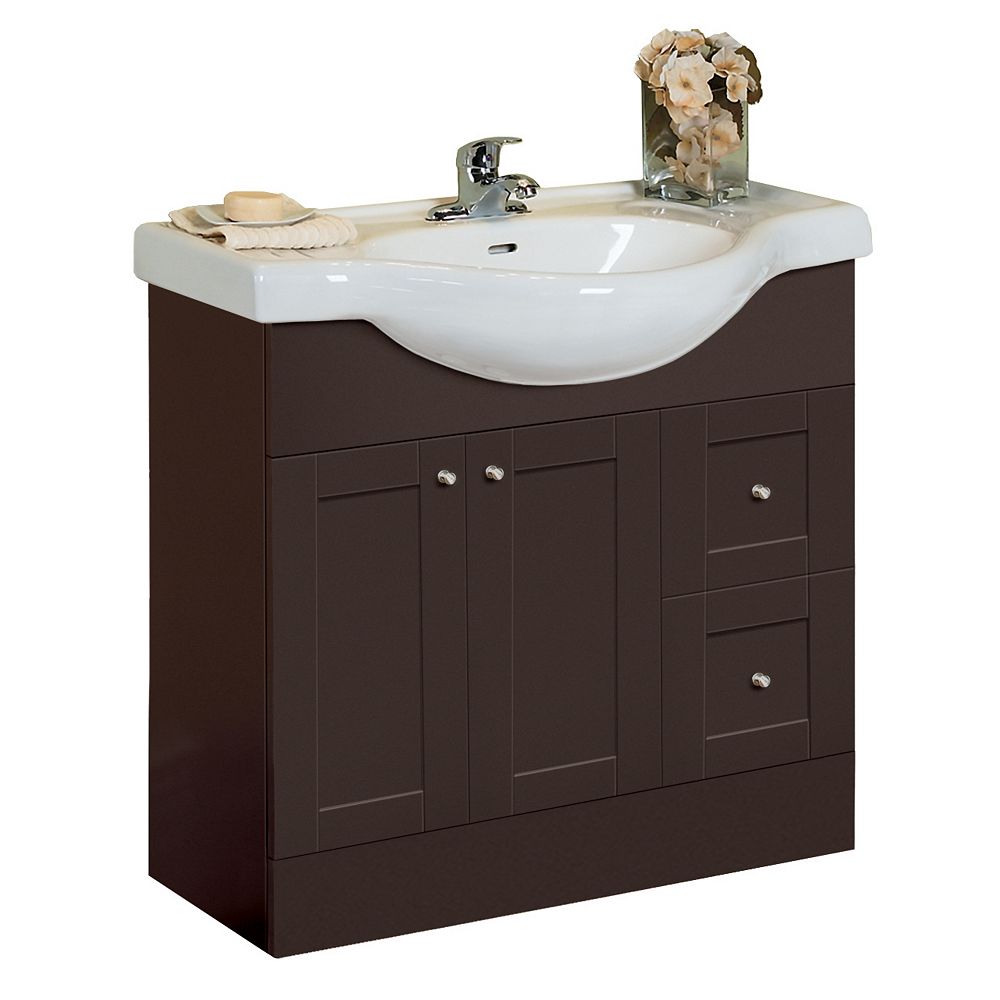 Woodnote Eurostone 34 Inch Vanity Cabinet In Dark Chocolate With Porcelain Top The Home Depot Canada