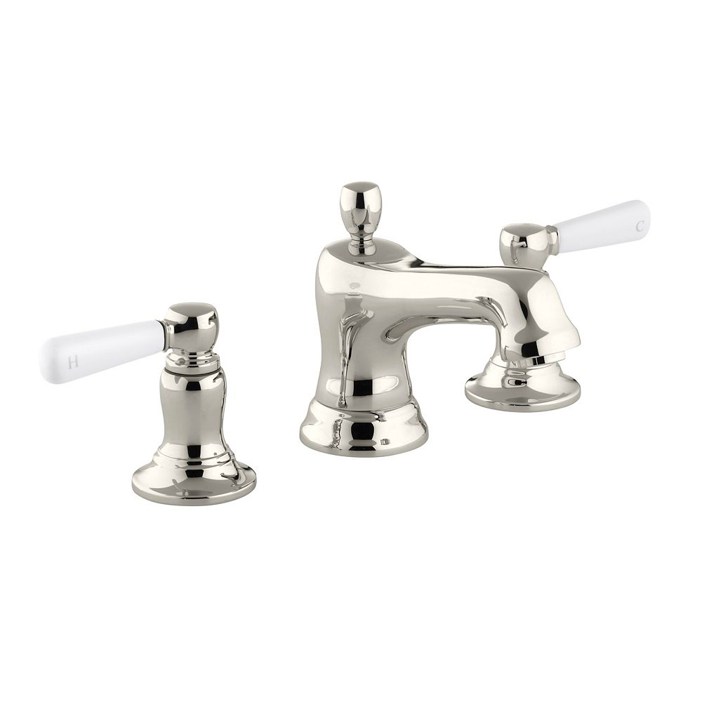 Kohler Bancroftr Widespread Bathroom Sink Faucet With White Ceramic Lever Handles The Home Depot Canada