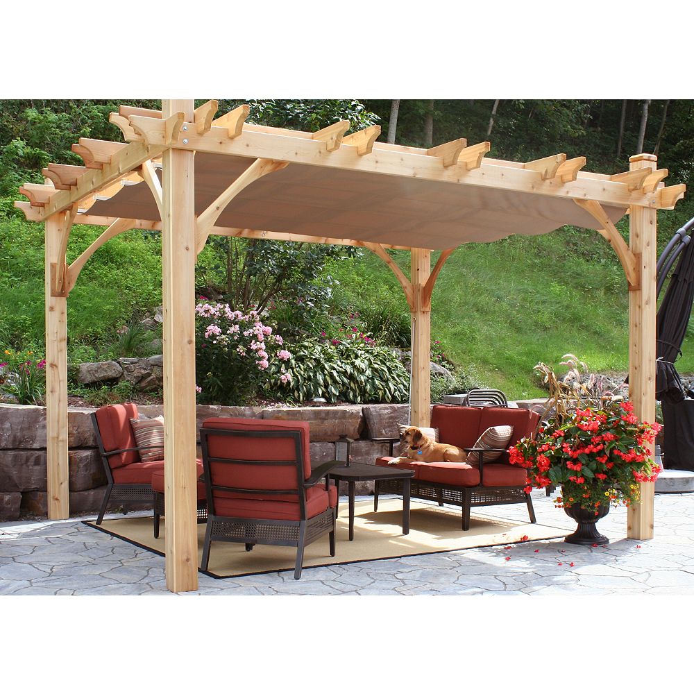 Outdoor Living Today Breeze 10 Ft X 12 Ft Pergola With Retractable Canopy Kit In Driftwo The Home Depot Canada