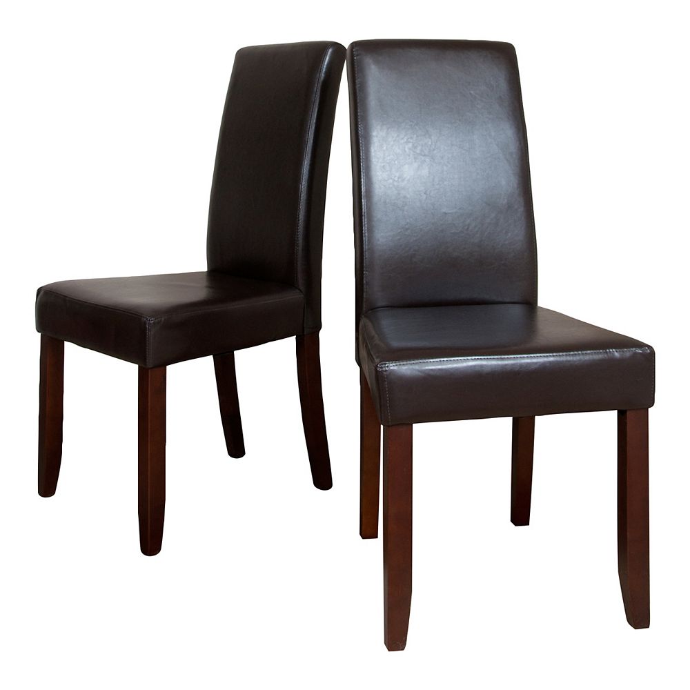 Simpli Home Acadian Solid Wood Brown, Parsons Faux Leather Chairs