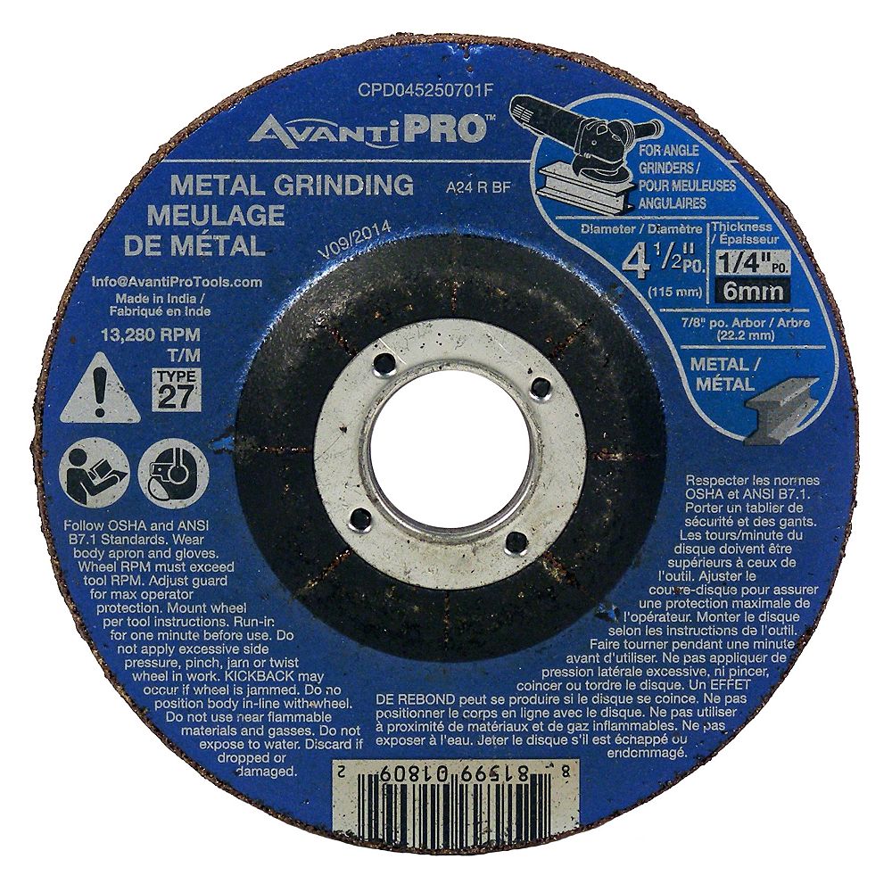 Avanti Pro 4 1/2inch x 1/4inch x 7/8inch Type 27 Grinder Wheel/Disc for Metal Grinding The