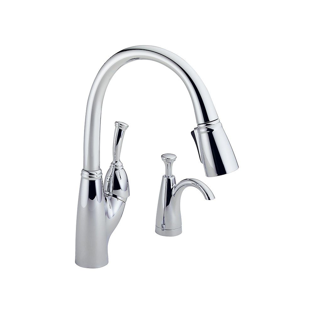 Delta Allora Single Handle Pull Down Sprayer Kitchen Faucet In Chrome With Soap Dispenser The Home Depot Canada