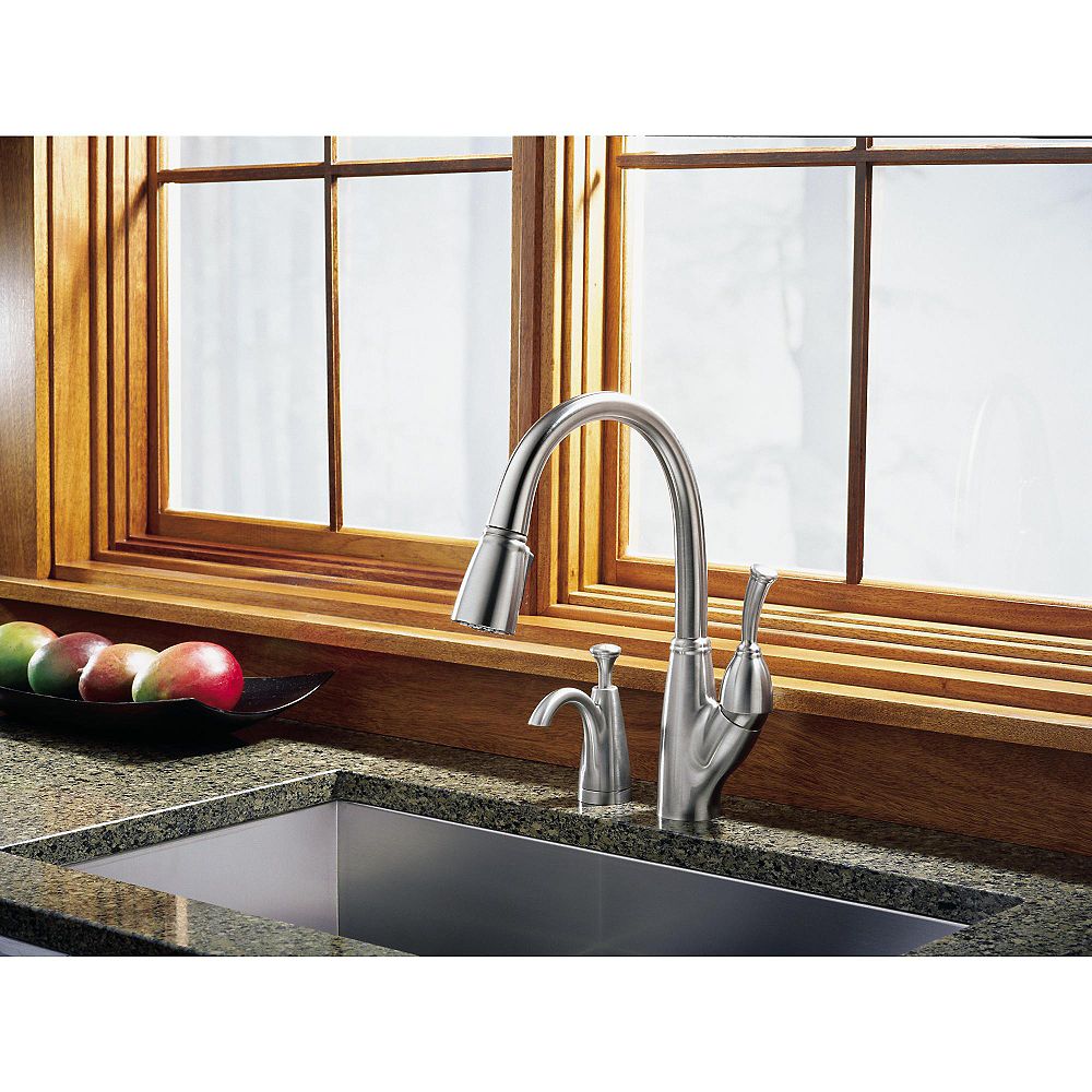 Delta Allora Single Handle Pull Down Sprayer Kitchen Faucet In Stainless With Soap Dispens The Home Depot Canada
