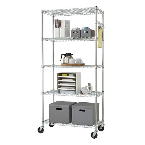 EcoStorage 36 inch x 18 inch NSF Chrome Color 5-Tier Wire Shelving Rack with Wheels, Sidebar & Hooks