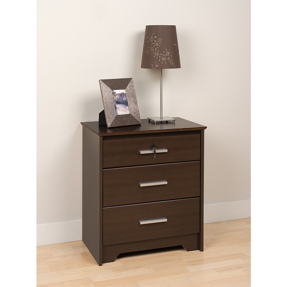 Prepac Espresso Coal Harbor 3 Drawer Tall & Wide Nightstand with Lock