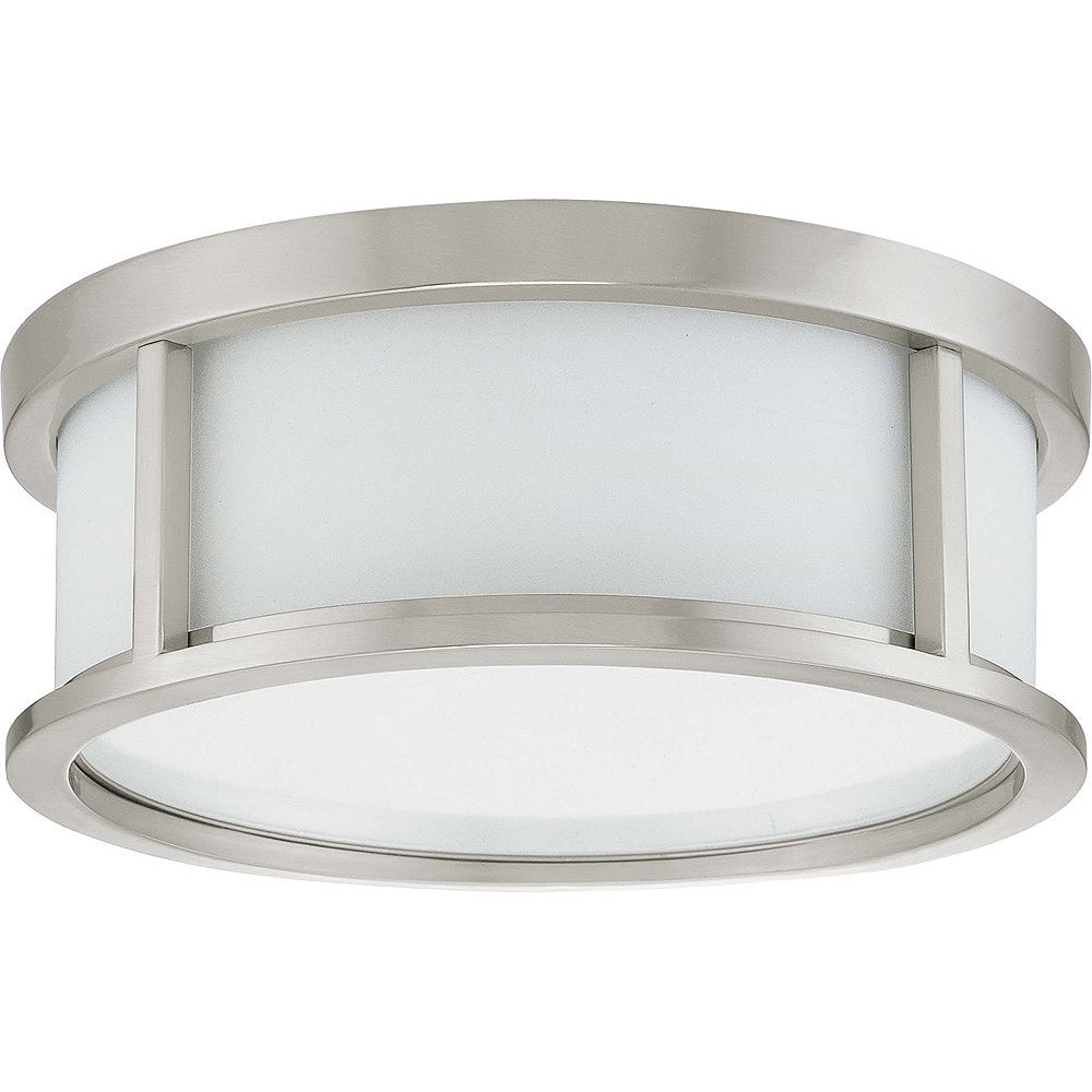 Glomar Odeon 2 Light 13 Inch Flush Dome With Satin White Glass Finished In Brushed Nickel The Home Depot Canada