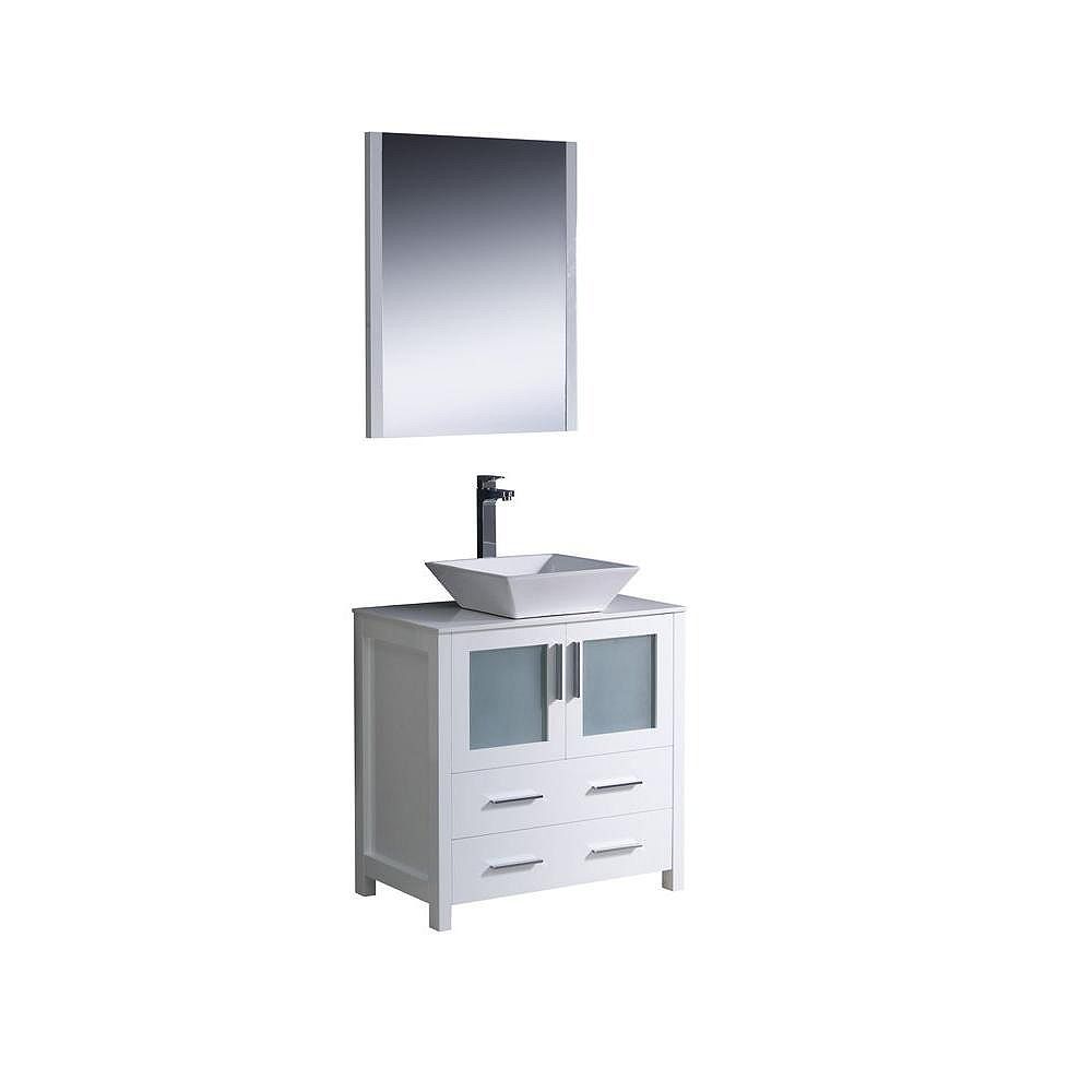Fresca Torino 30 Inch Vanity In White With Glass Stone Vanity Top In White And Mirror The Home Depot Canada