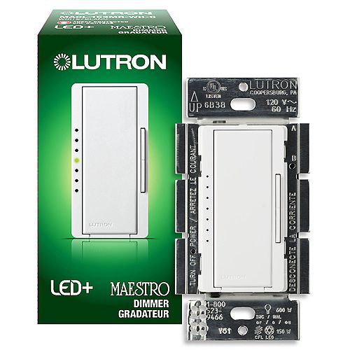 Maestro LED+ Dimmer Switch for Dimmable LED/Halogen/Incandescent Bulbs, Single-Pole or 3-Way, White