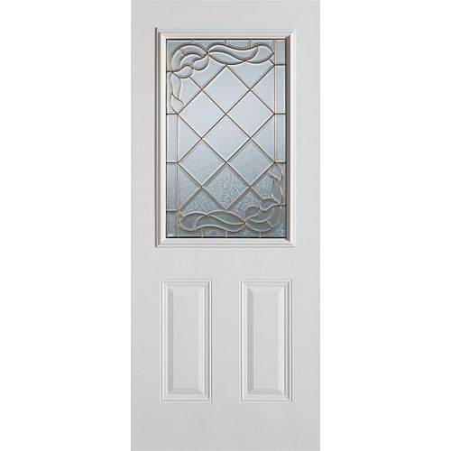 35.375 inch x 82.375 inch Queen Anne Patina 1/2 Lite 2-Panel Prefinished White Left-Hand Inswing Steel Prehung Front Door