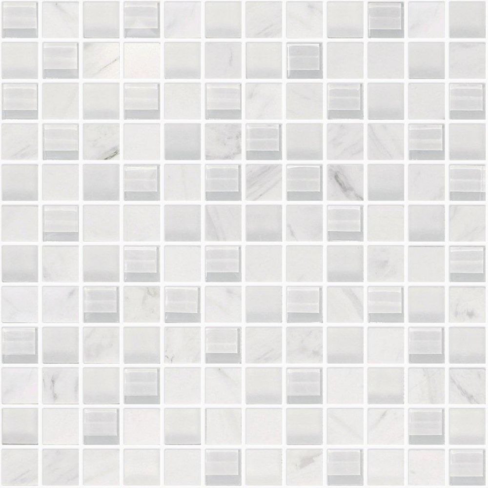 Modamo 1Inch x 1Inch Carrara Marble Glass Blend Mosaic Tile The