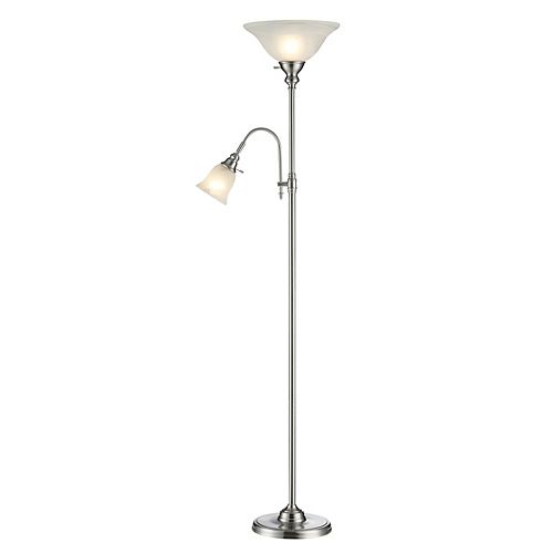 70.5-inch Floor Lamp with Reading Light in Brushed Steel with Alabaster Glass Shades