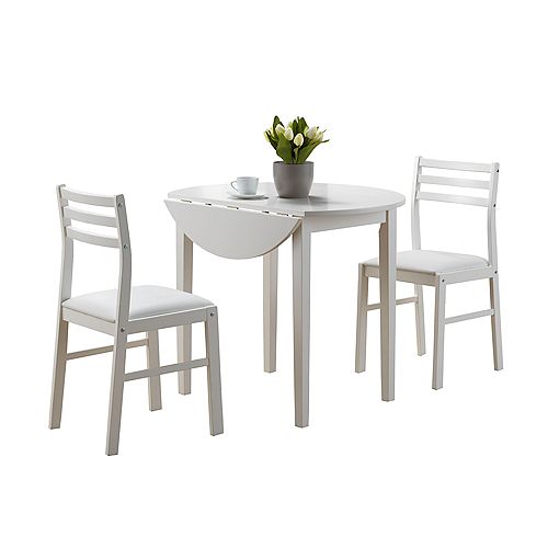 36-inch D 3-Piece Round Dining Set in White with Drop Leaf