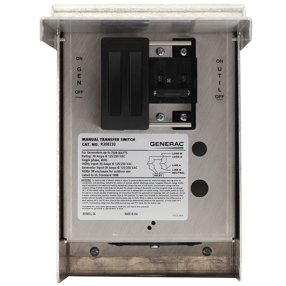 Generac 30 Amp 125250 Volt 7500 Watt 1 Circuit Manual Transfer Switch The Home Depot Canada 