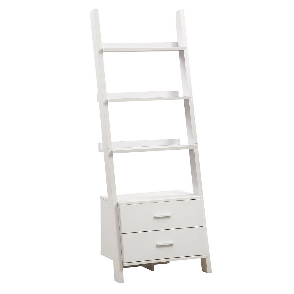 69 Inch 4 Shelf 2 Drawer Ladder, White Bookcase With Drawers On Bottom