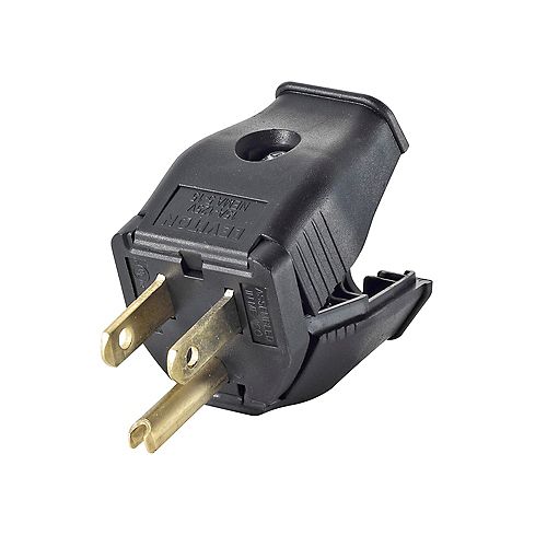 2-Pole, 3 Wire Grounding Plug. Clamptite Hinged Design 15a-125v, nema 5-15p, Black Thermoplastic.