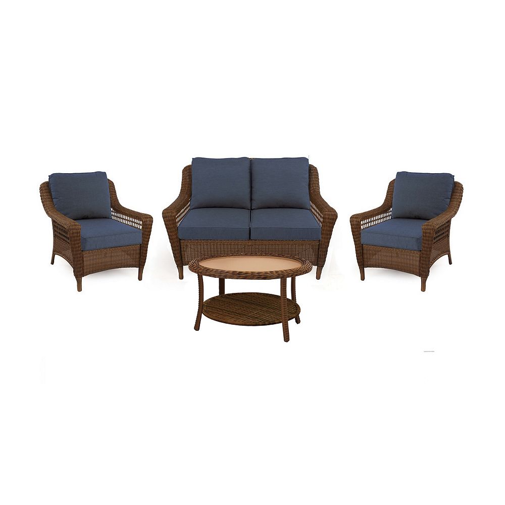 Hampton Bay Spring Haven 4 Piece Patio Conversation Set In Brown With Blue Cushions The Home Depot Canada