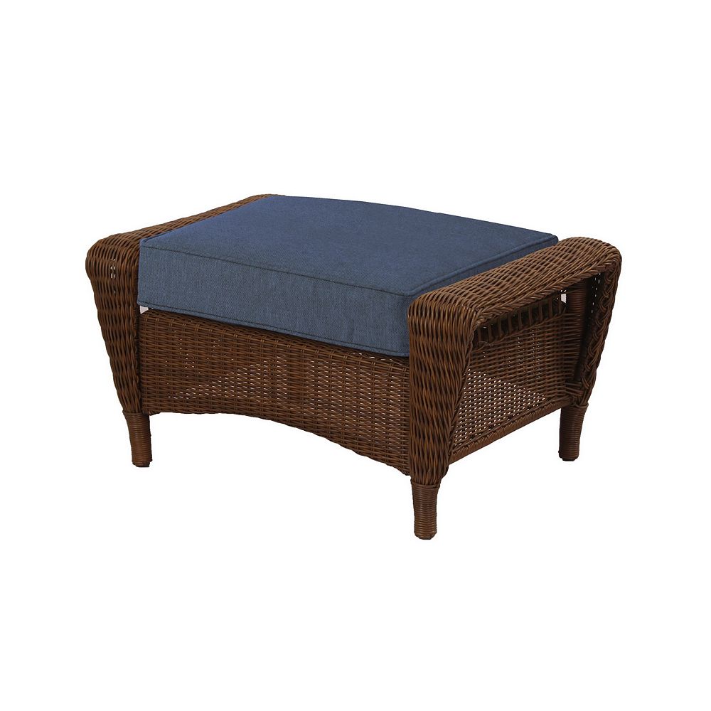 Hampton Bay Spring Haven Patio Ottoman Brown with Blue Cushions The Home Depot Canada