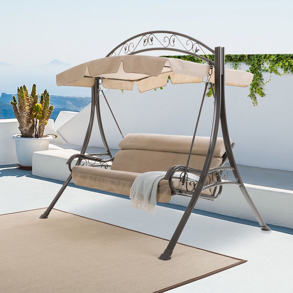 Corliving Nantucket Patio Swing With Arched Canopy In Beige The Home Depot Canada