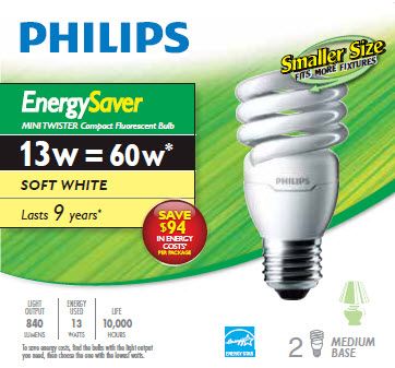 Philips 13W = 60W Soft White (2700K) Mini Twister CFL Light Bulb- (12 ...