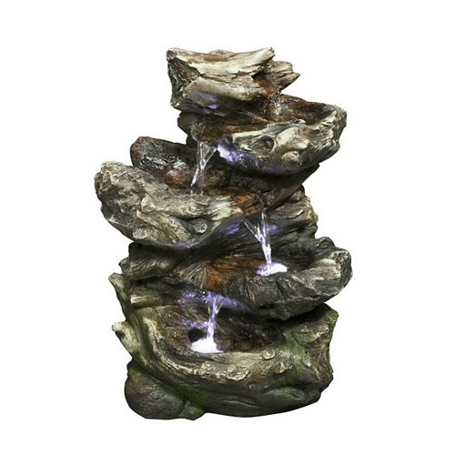 Fountain - 4 Level Log Waterfall with LED lights, 14 Inch H