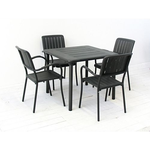 Patio Dining Set with Maestrale Square Table and Four Musa Arm Chairs in Charcoal