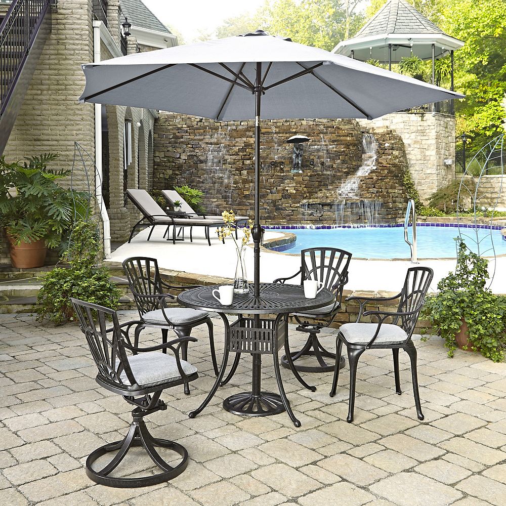 Home Styles Largo 5 Piece 42 Inch Dining Set With Cushioned Chairs Umbrella In Charcoal The Home Depot Canada