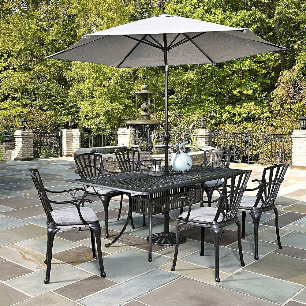 Home Styles Largo 7 Piece Dining Set With Umbrella And Cushions The Depot Canada - Patio Dining Sets With Umbrella Home Depot