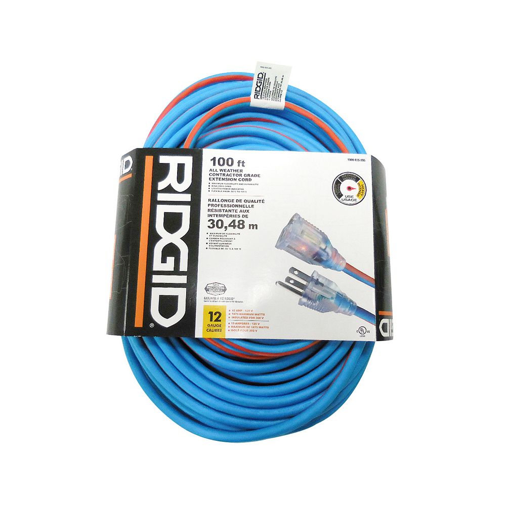 RIDGID 100 Feet All Weather Contractor Grade Extension Cord 12 Gauge